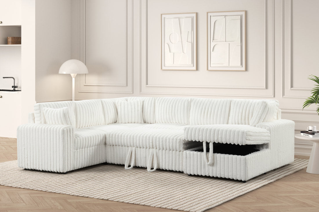 Trending Sonic Fluffy Sectional With Pull-Out Bed & Storage Chaise