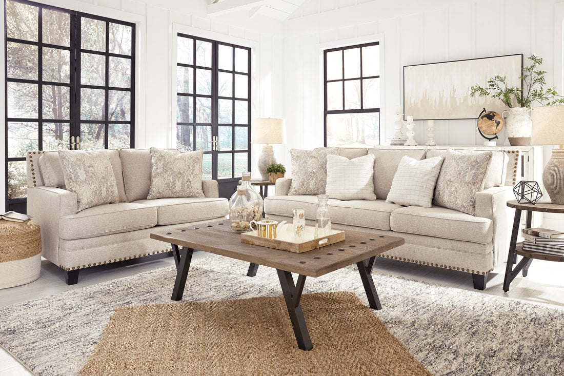 Ashley Linen Nail Head Sofa & Loveseat Living Room Set
