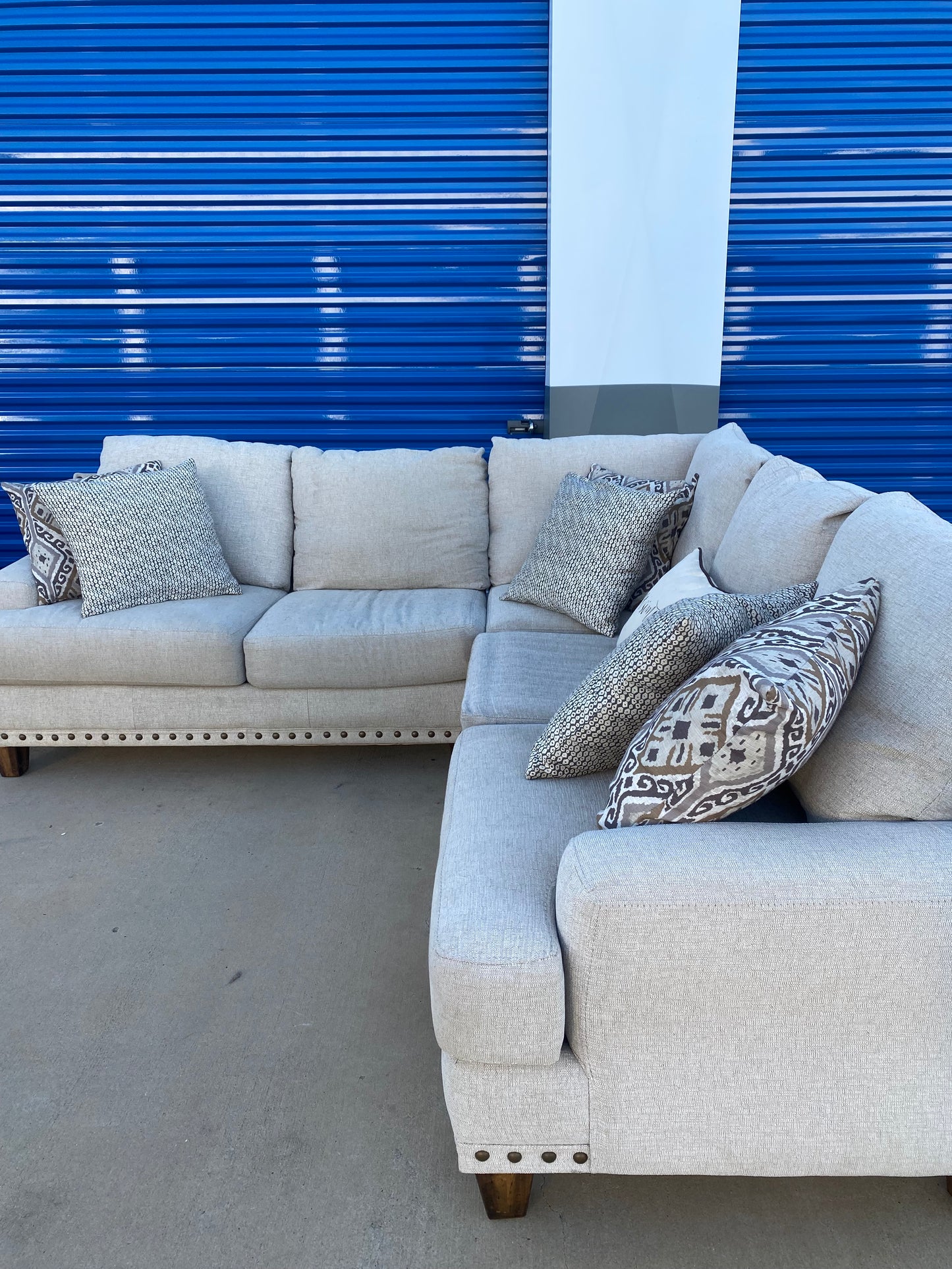 Beige Nail Head Sectional Couch