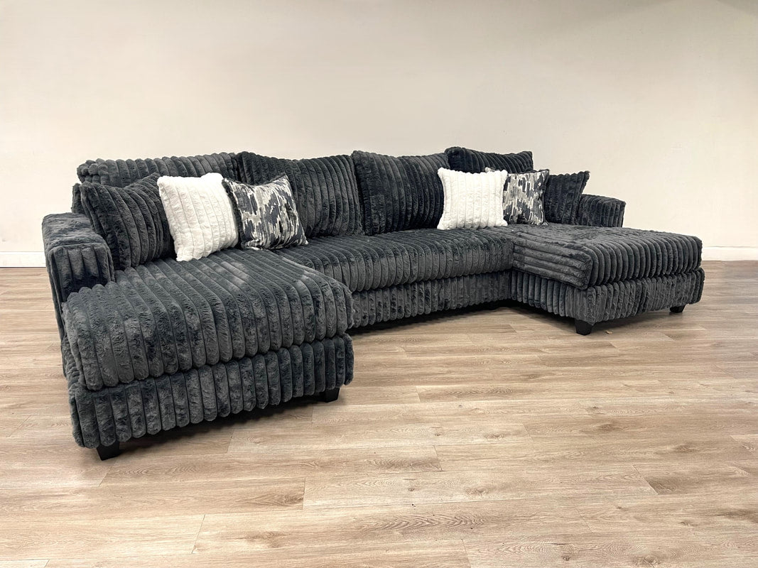 9700 Charcoal Fluffy Double Chaise Sectional Couch