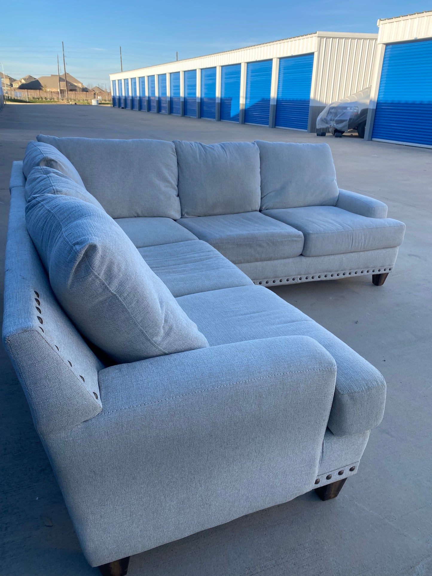 Beige Nail Head Sectional Couch