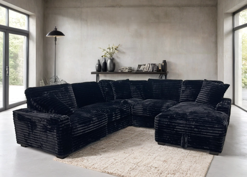 Alisson Black Fluffy Sectional & Storage Chaise