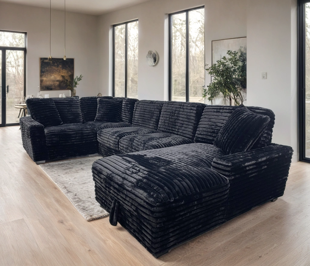 Alisson Black Fluffy Sectional & Storage Chaise