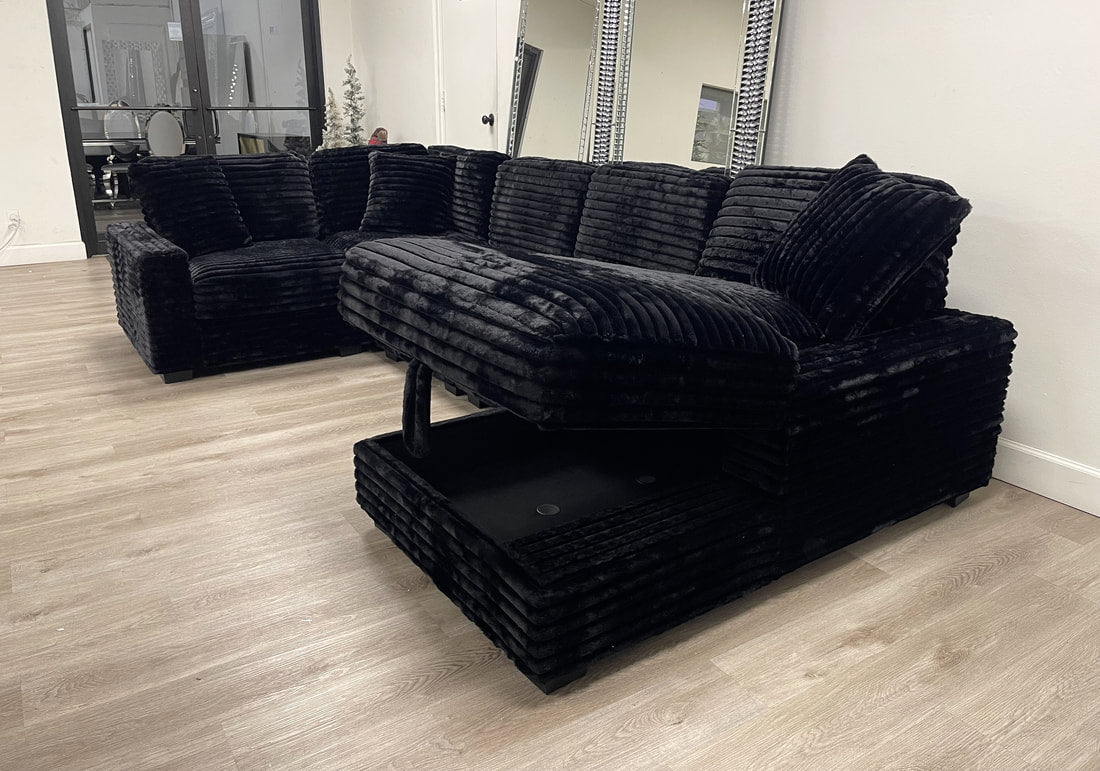 Alisson Black Fluffy Sectional & Storage Chaise