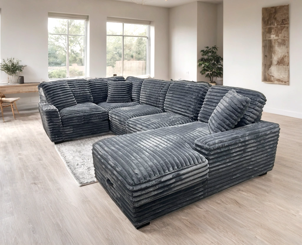 Alisson Grey Fluffy Modular Sectional & Storage Chaise
