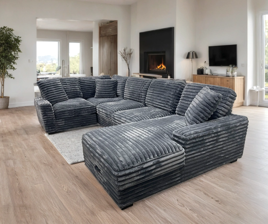 Alisson Grey Fluffy Modular Sectional & Storage Chaise