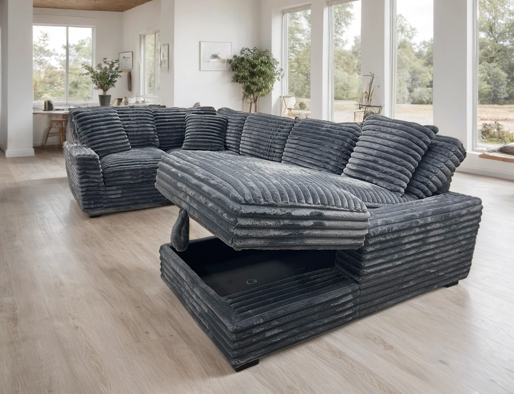 Alisson Grey Fluffy Modular Sectional & Storage Chaise
