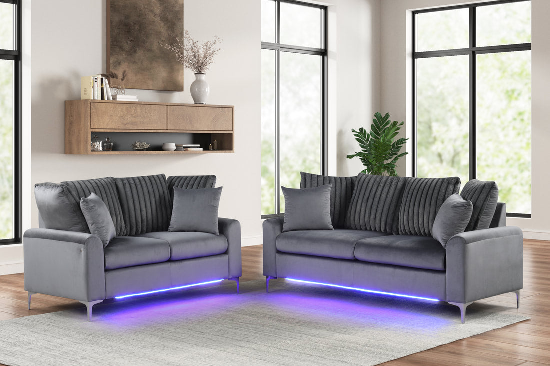 Celina Charcoal Sofa & Loveseat With LED Lights
