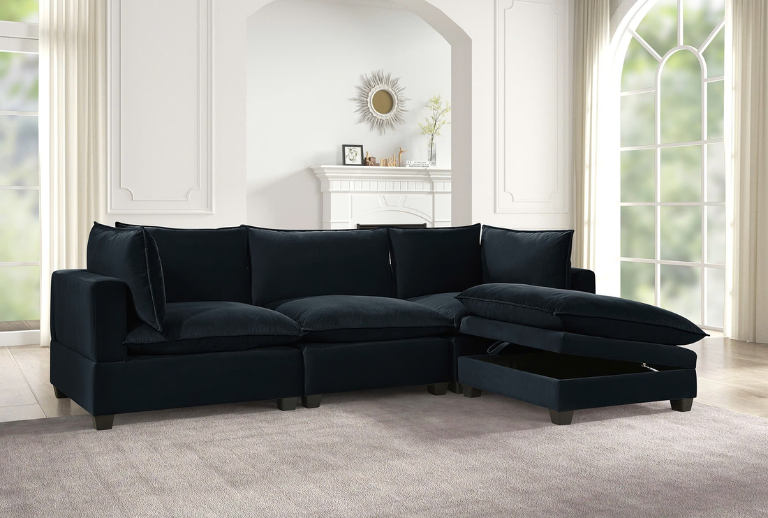 Cloud 2 Black Velvet Sectional Couch With Storage ottoman