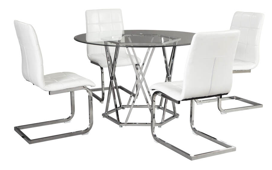 Ashley Glass Circular Top Chrome & White 5 Piece Dining Set