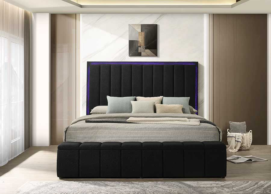 Florence Black Boucle Platform Bed With Storage, Speakers, LEDs & Chargers King/Queen
