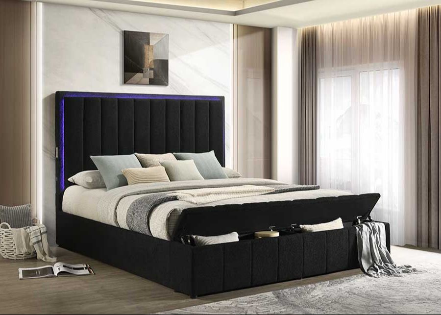 Florence Black Boucle Platform Bed With Storage, Speakers, LEDs & Chargers King/Queen