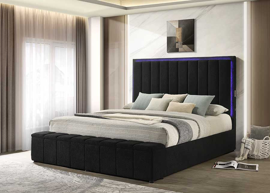 Florence Black Boucle Platform Bed With Storage, Speakers, LEDs & Chargers King/Queen