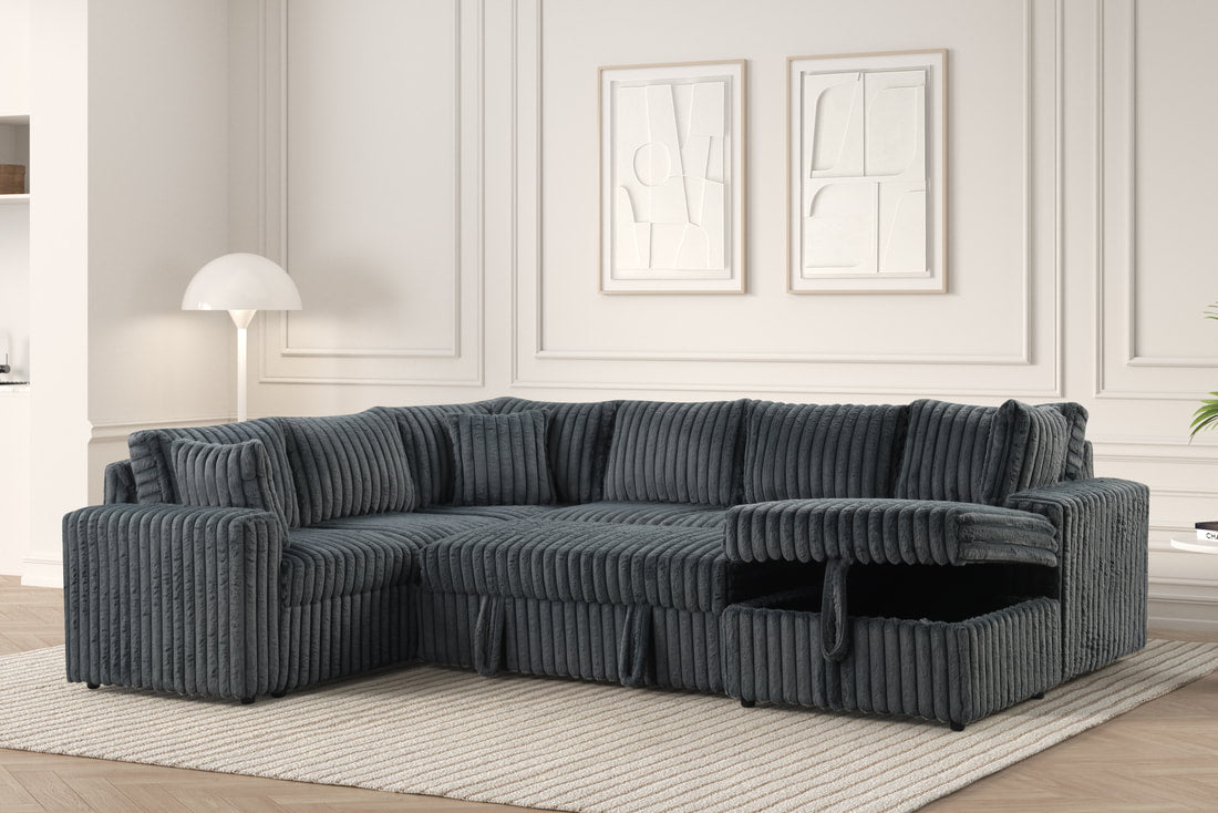 Trending Sonic Fluffy Sectional With Pull-Out Bed & Storage Chaise