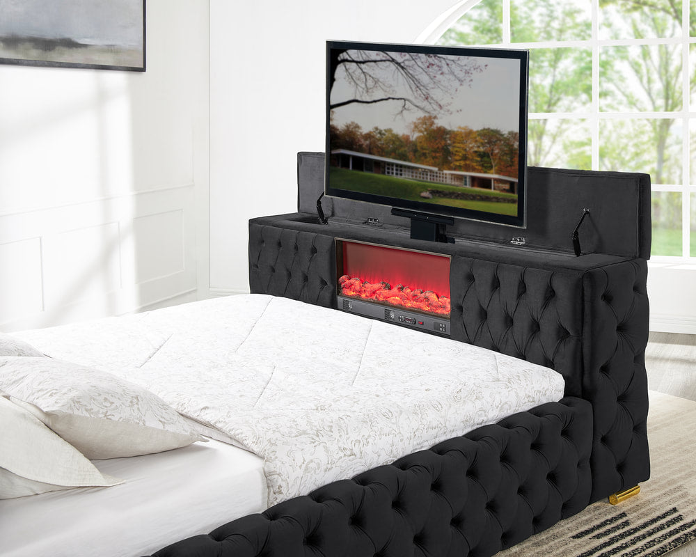 Future Black Velvet Platform Bed Tv Mount, Speakers,LED,Fireplace