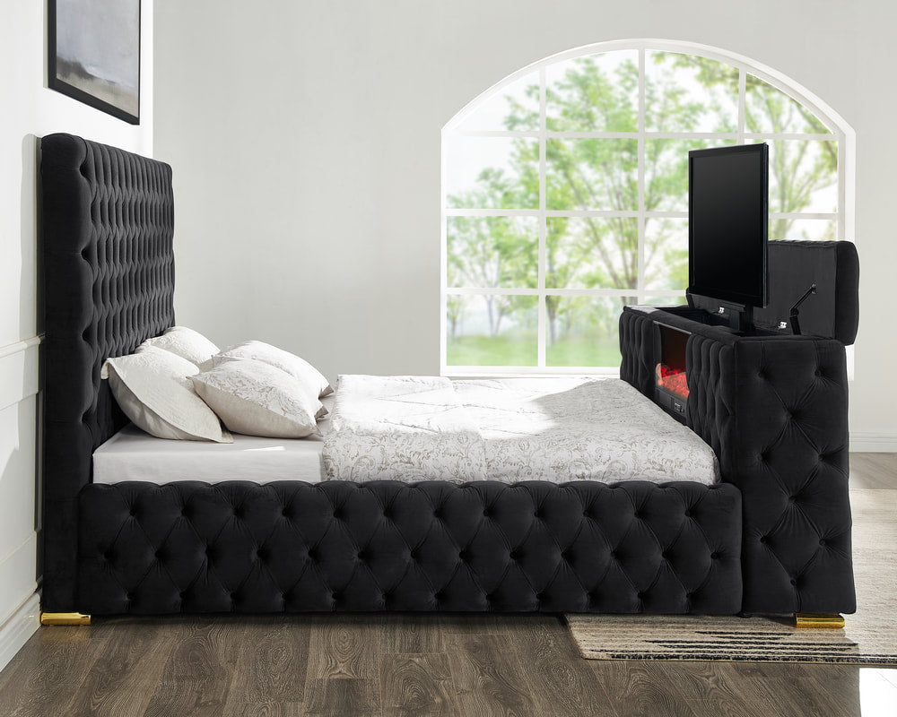 Future Black Velvet Platform Bed Tv Mount, Speakers,LED,Fireplace