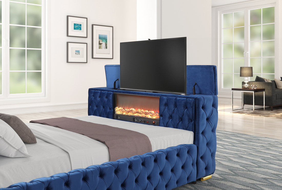 Future Blue Velvet Platform Bed Tv Mount, Fireplace,Speaker,LED,