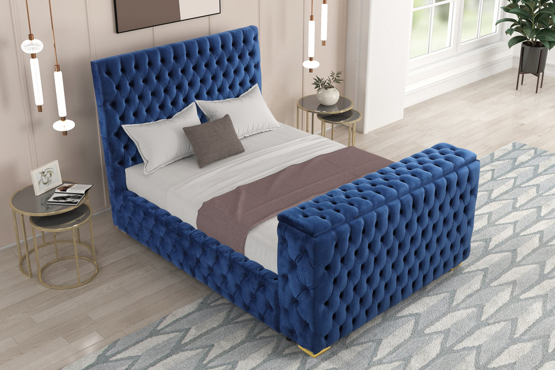 Future Blue Velvet Platform Bed Tv Mount, Fireplace,Speaker,LED,