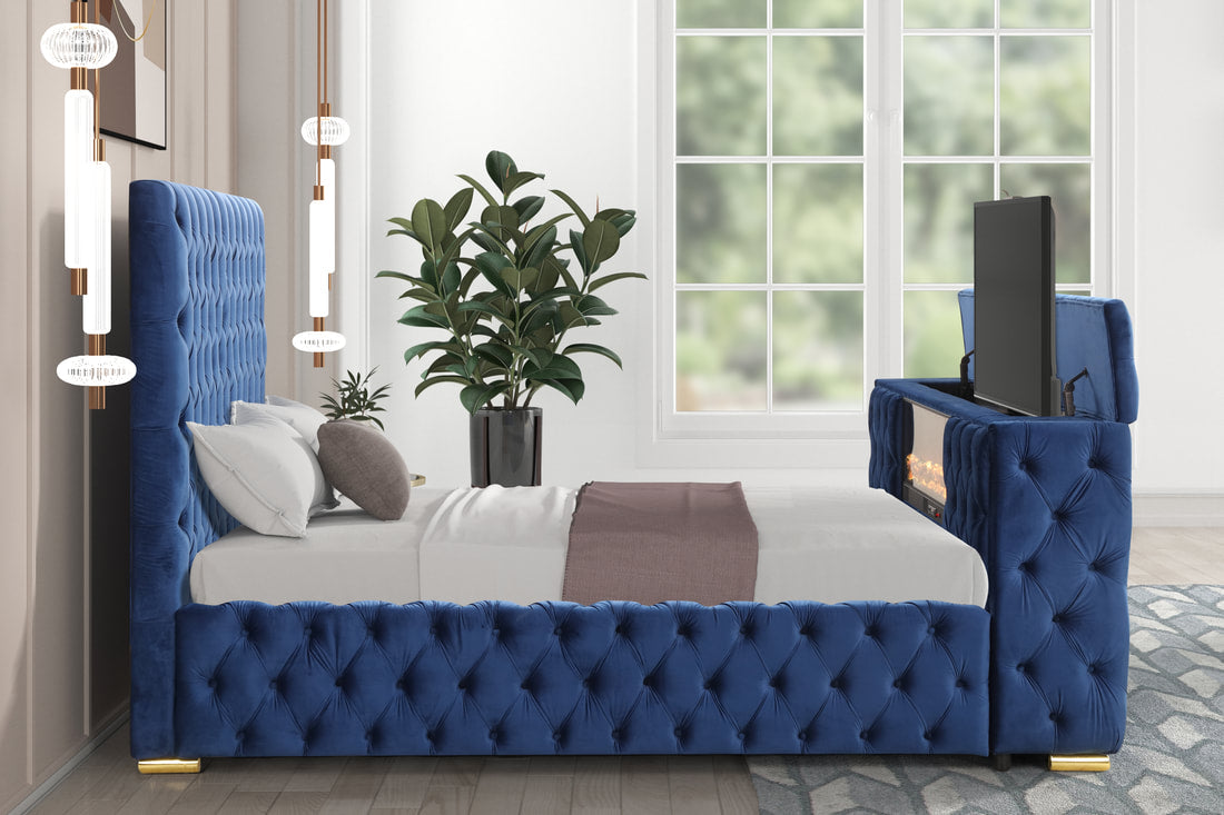 Future Blue Velvet Platform Bed Tv Mount, Fireplace,Speaker,LED,