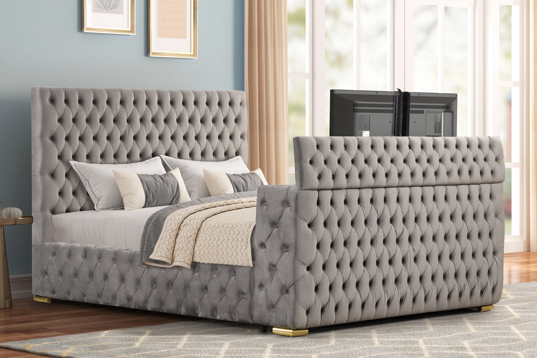 Future Gray Velvet Platform Bed Tv Mount,Fireplace,Speakers,LED King/Queen