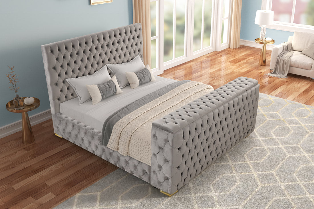 Future Gray Velvet Platform Bed Tv Mount,Fireplace,Speakers,LED King/Queen