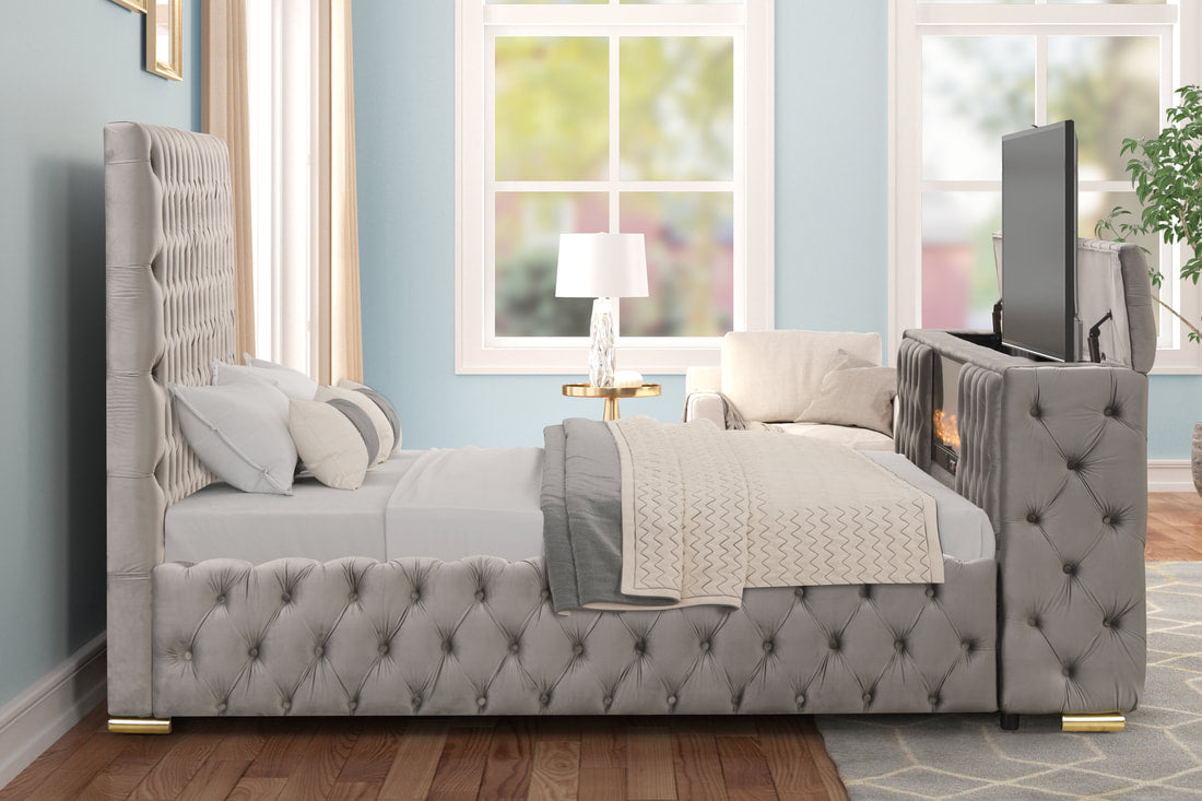 Future Gray Velvet Platform Bed Tv Mount,Fireplace,Speakers,LED King/Queen