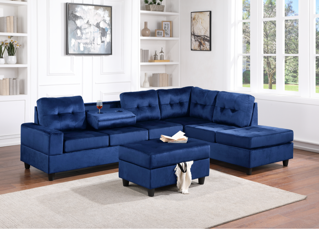 Heights Reversible Sectional + Storage Ottoman - Blue Velvet