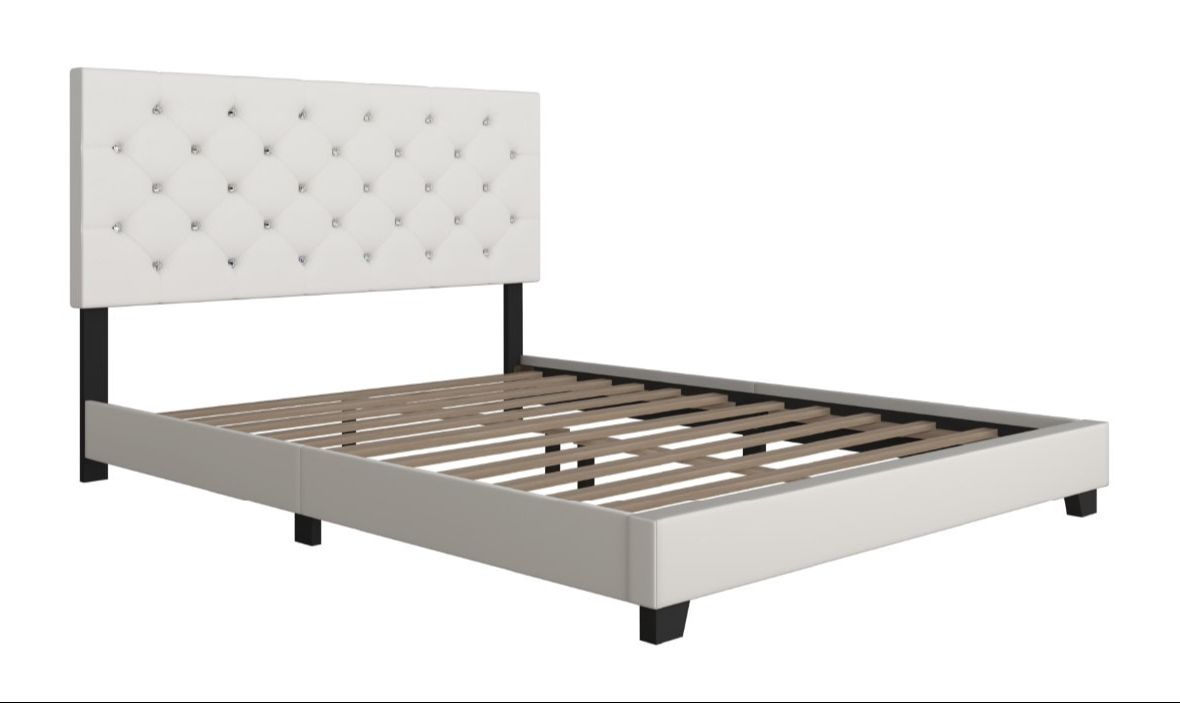 HH20188 White PU Platform Bed Queen/Full/Twin