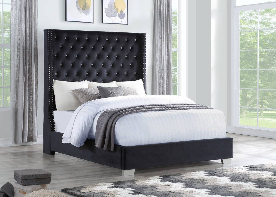 HH328 Black Velvet Diamond 6 Foot Tall Tufted Bed King/Queen
