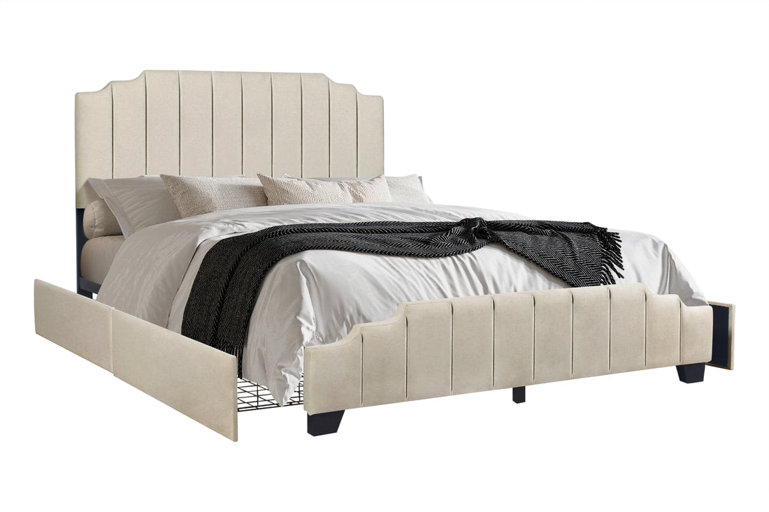 HH975 Beige Platform Bed With Side Drawer Storage King/Queen/Full