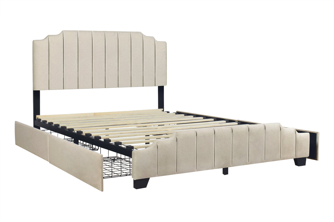 HH975 Beige Platform Bed With Side Drawer Storage King/Queen/Full