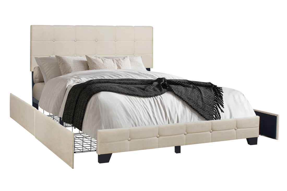 HH975 Beige Platform Bed with Side Drawer Storage King/Queen/Full