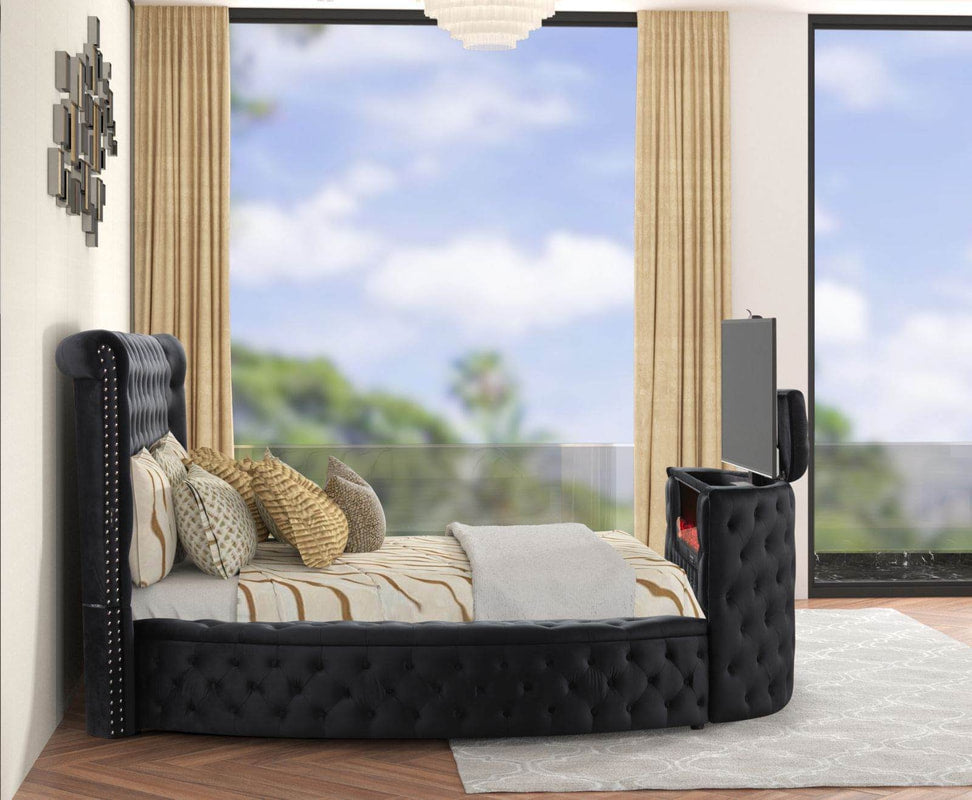 Patron Black Velvet Platform Bed With TV Footboard, Speakers,Fireplace, Storage, Chargers King/Queen