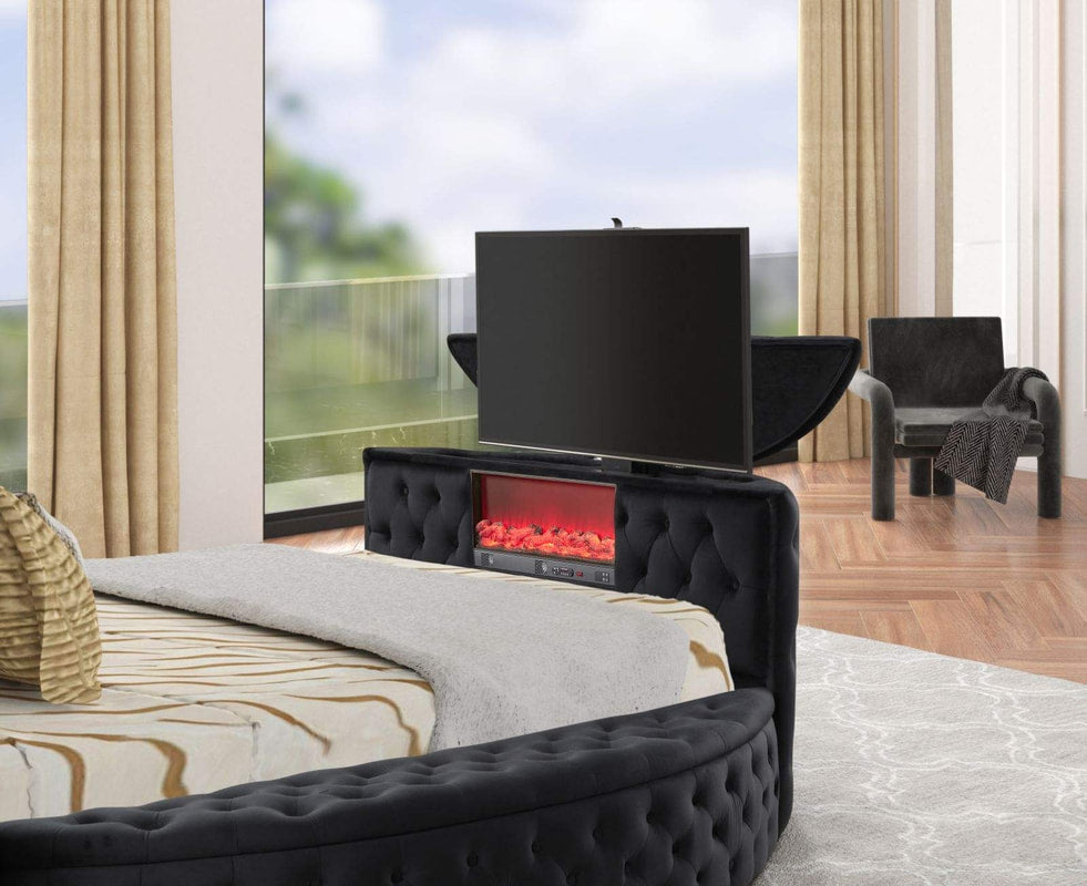 Patron Black Velvet Platform Bed With TV Footboard, Speakers,Fireplace, Storage, Chargers King/Queen