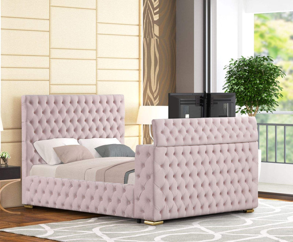 Future Pink Velvet Platform Bed With Tv Mount,Speakers,Fireplace,LEDs