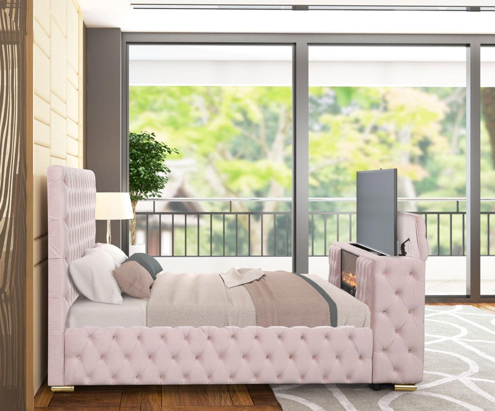 Future Pink Velvet Platform Bed With Tv Mount,Speakers,Fireplace,LEDs