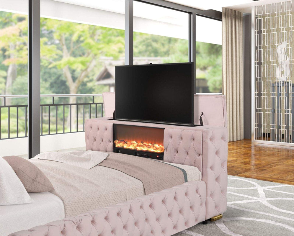 Future Pink Velvet Platform Bed With Tv Mount,Speakers,Fireplace,LEDs