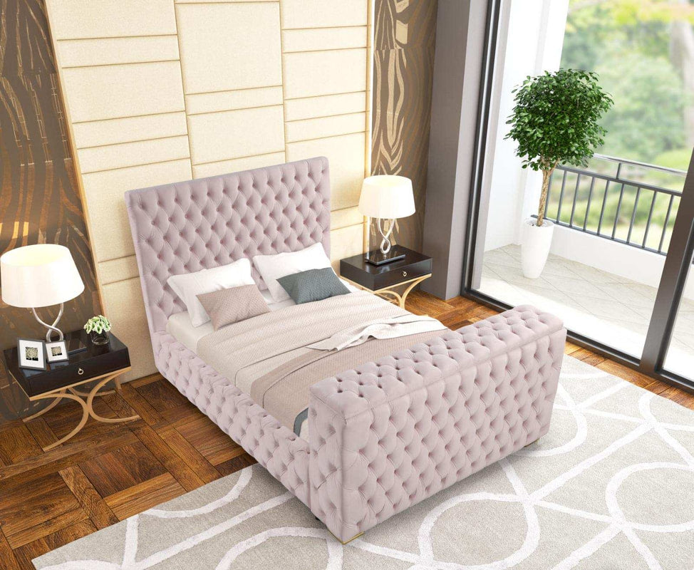Future Pink Velvet Platform Bed With Tv Mount,Speakers,Fireplace,LEDs