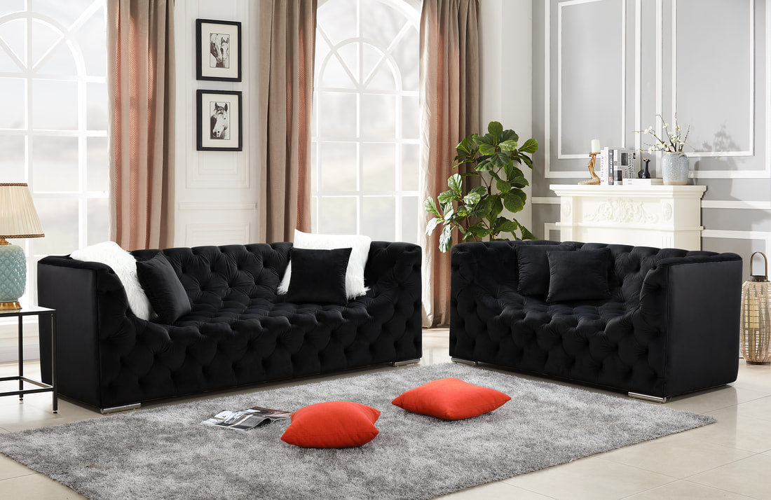 Kylie Black Velvet Sofa & Loveseat Living Room Set