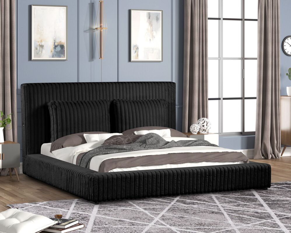Lauren Black Fluffy Platform Bed With Chargers King/Queen