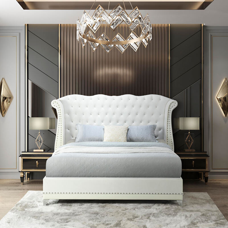 Luxor White Velvet Diamonds & Crocodile Vinyl Platform Bed King/Queen