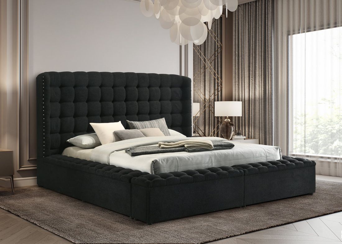 Madonna Black Boucle Platform Bed With Storage King/Queen
