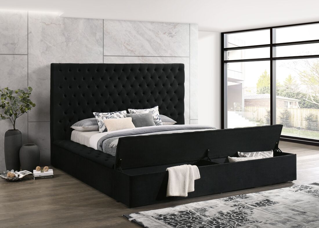 Paris Black Velvet Platform Bed With Storage King/Queen