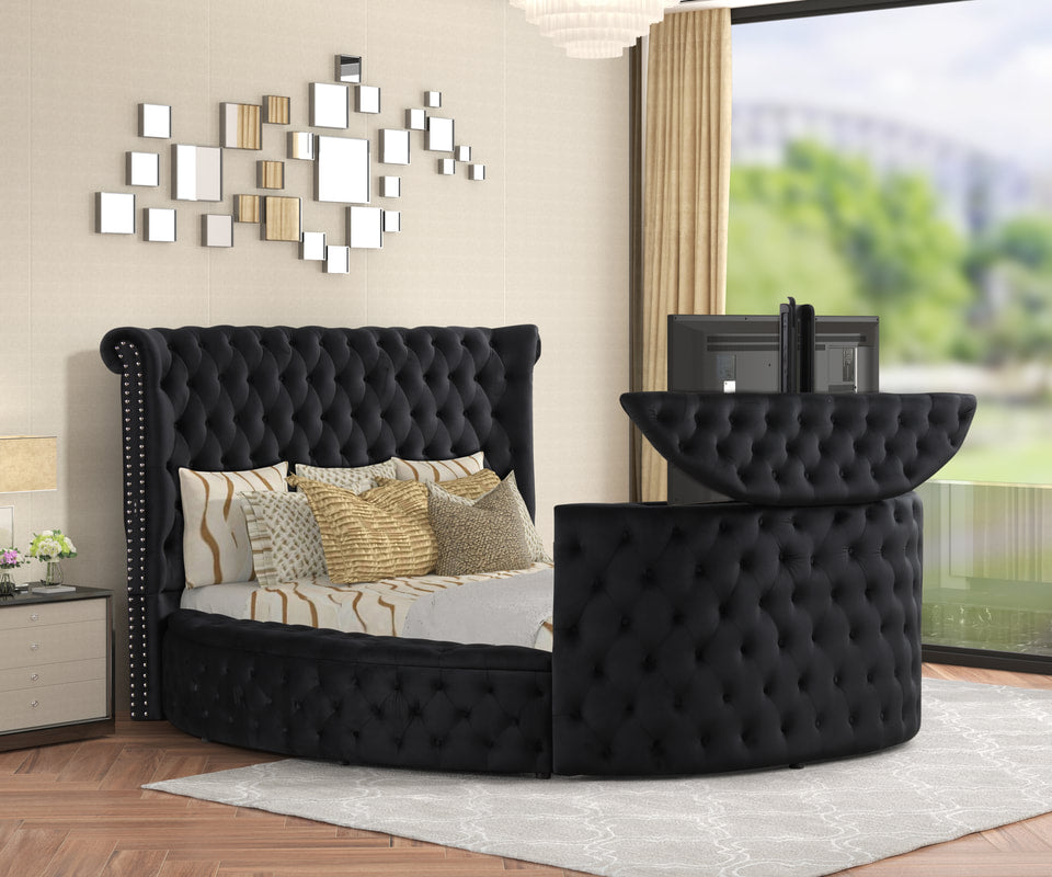 Patron Black Velvet Platform Bed With TV Footboard, Speakers,Fireplace, Storage, Chargers King/Queen