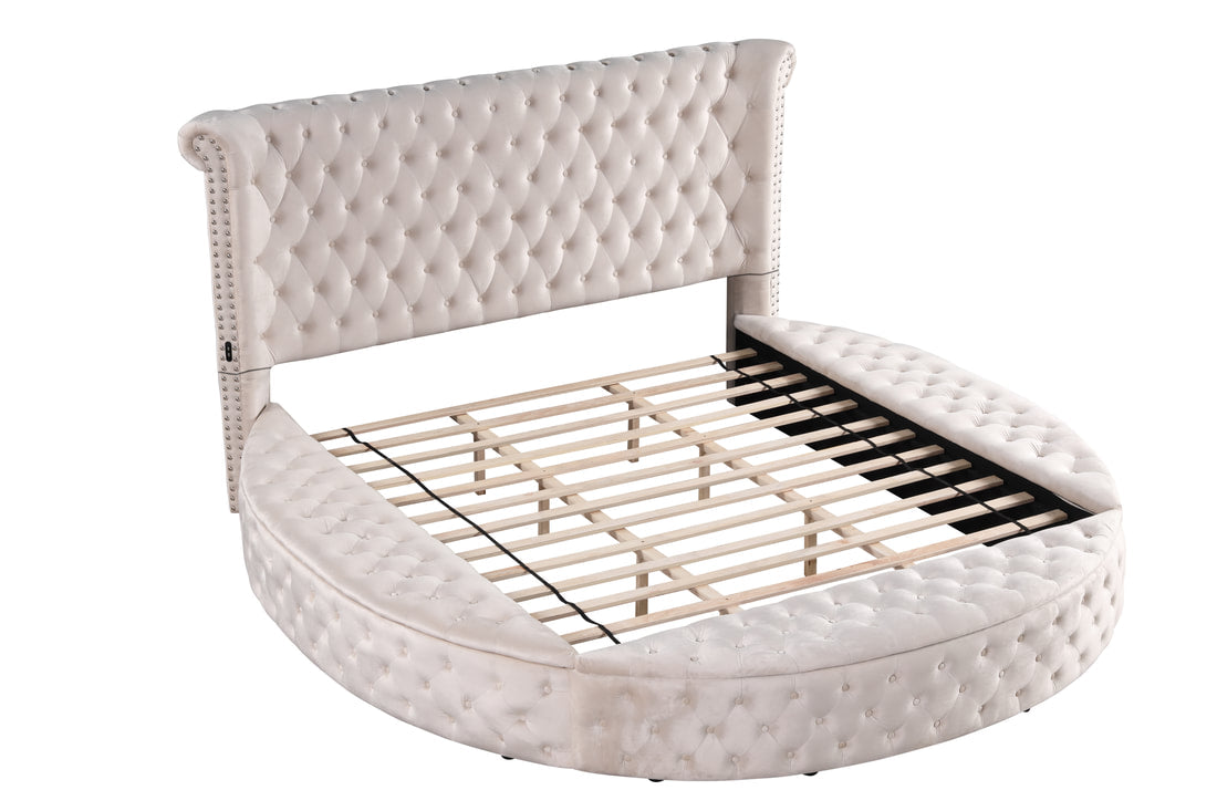 Penthouse Beige Velvet Platform Bed With Storage & Chargers King/Queen