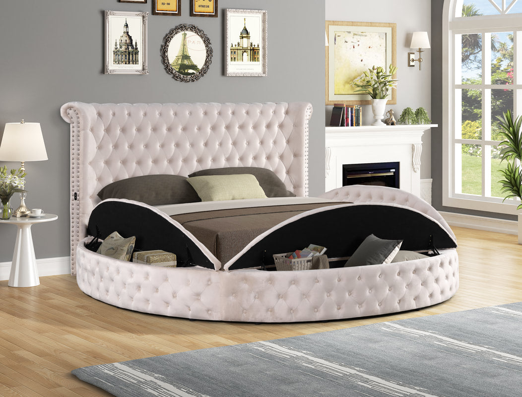 Penthouse Beige Velvet Platform Bed With Storage & Chargers King/Queen