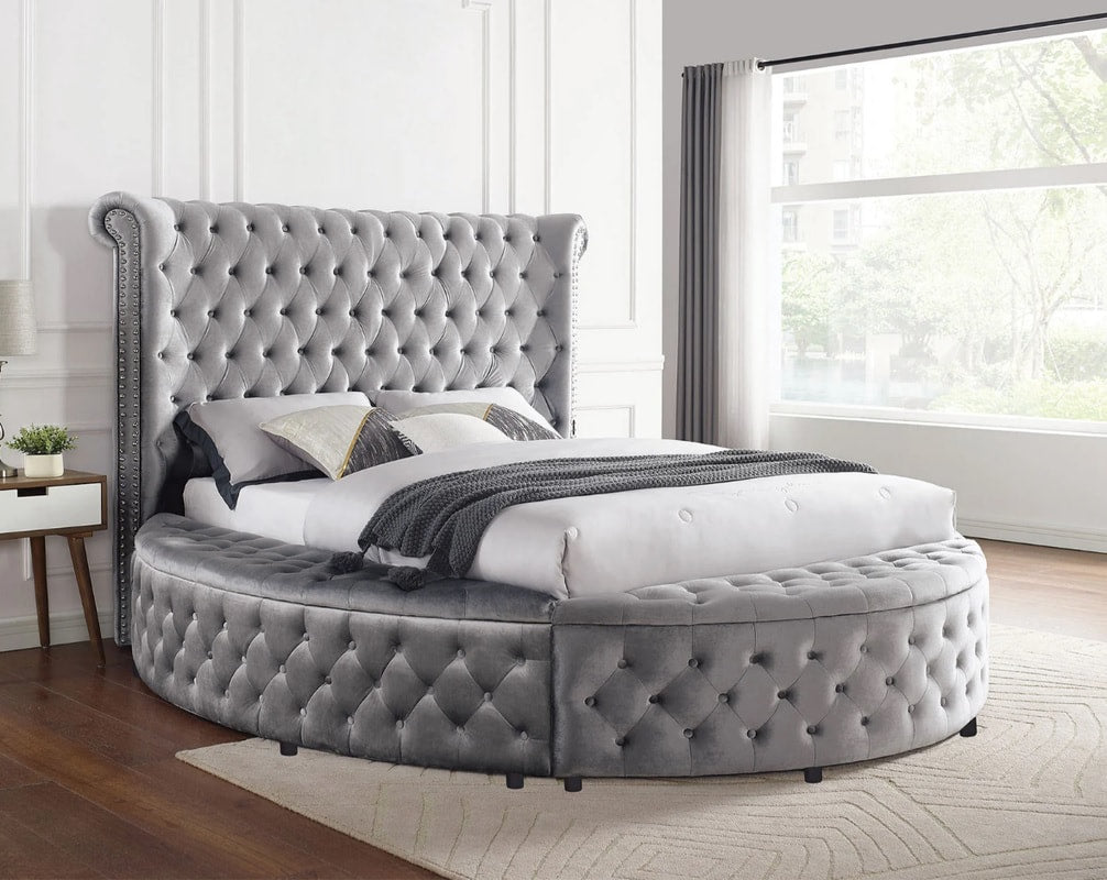 Penthouse Gray Velvet Platform Bed With Storage & Chargers King/Queen