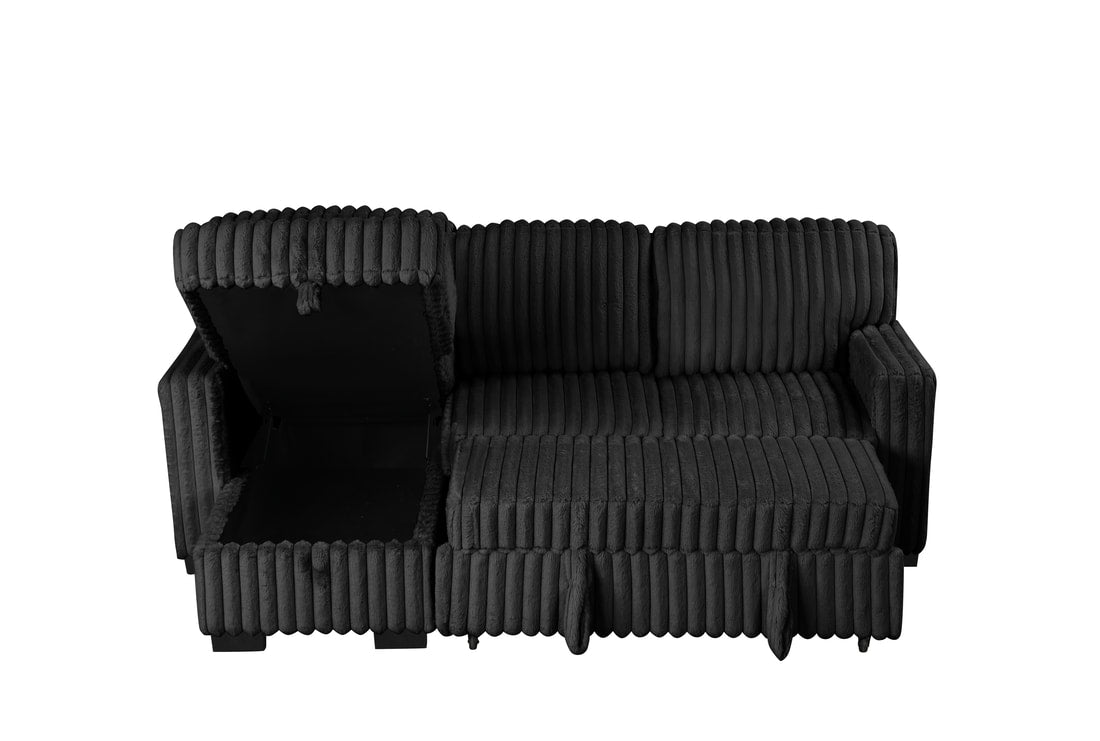 Poland Black Fluffy Sectional Couch With Pull Out Bed And Storage