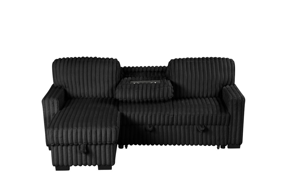 Poland Black Fluffy Sectional Couch With Pull Out Bed And Storage