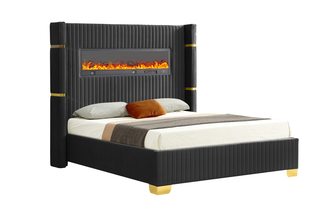 Romance Black Fireplace Display & Speakers Platform Bed King/Queen